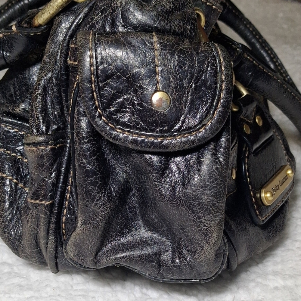 Juicy Couture Black Leather Satchel Bag Crown Lock Y2K Shoulder Bag Cowhide - Picture 4 of 9